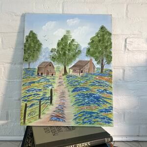 Vintage Farmhouse Landscape Painting | Hand-Painted Countryside Scene